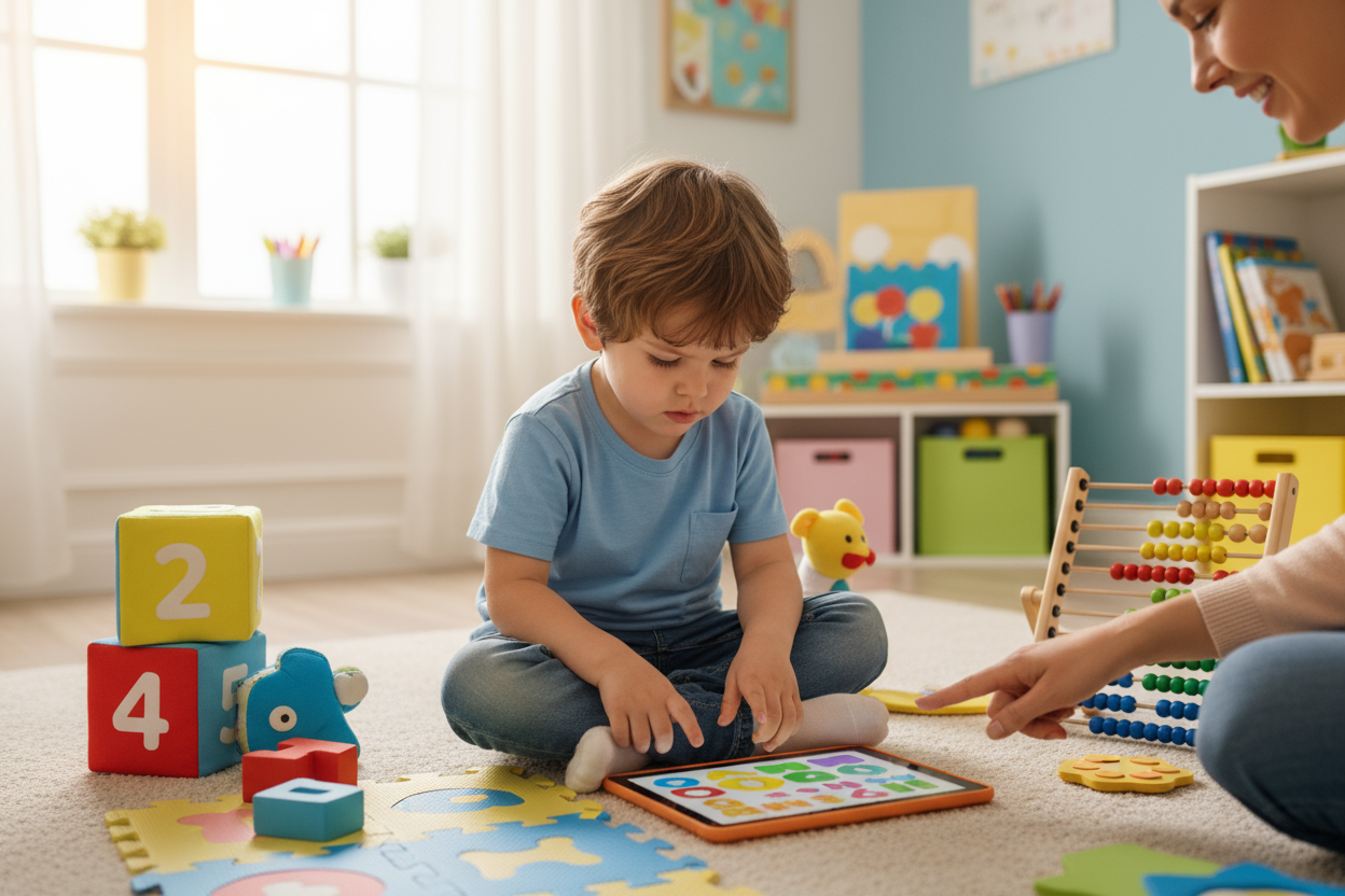 Kind lernt konzentriert und spielt an einem Lernspiel 1080x1080